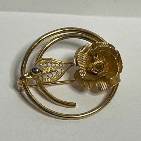 VTG Sarah Coventry "Promise" Gold Tone Circle Brooch Textured Mesh Rose 1.25" - Picture 9 of 13